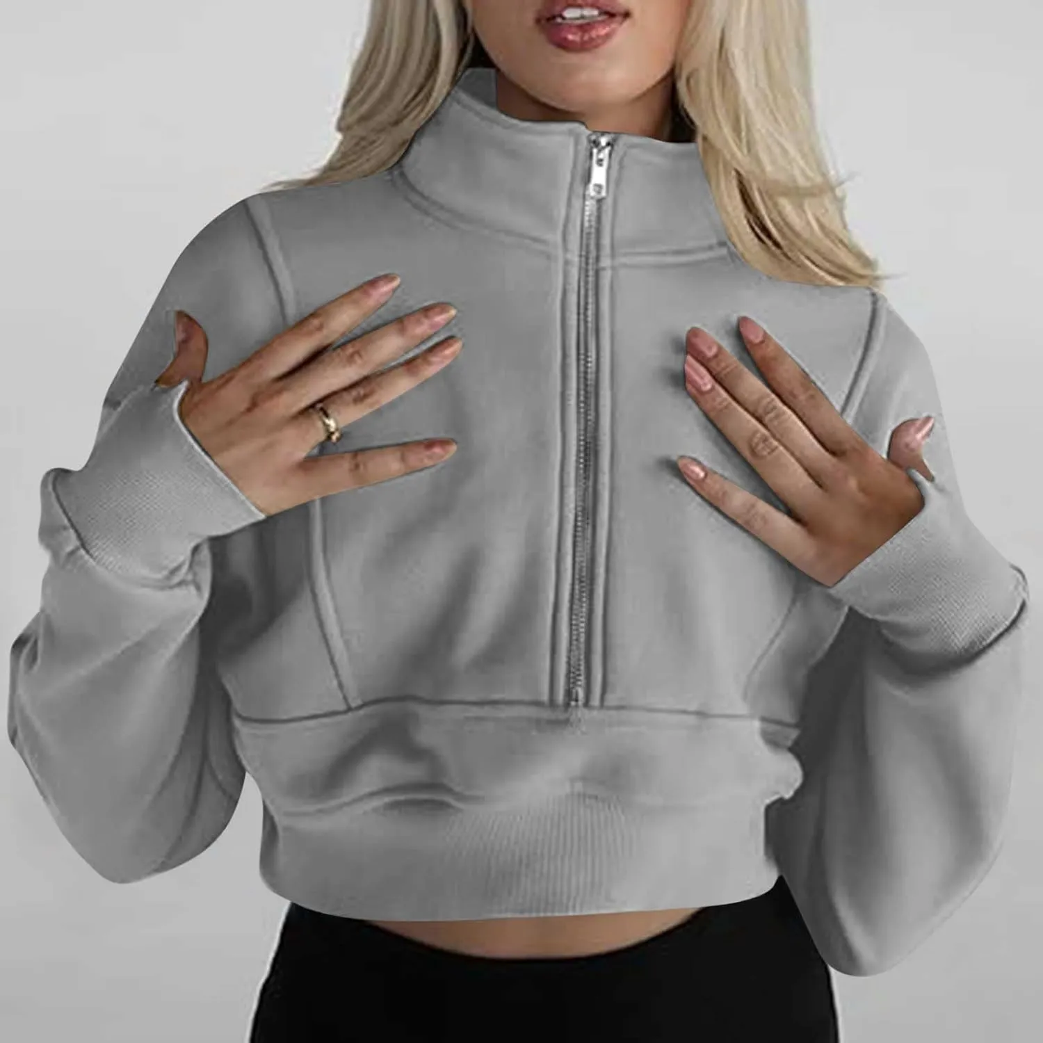 Women's Half Zipper Cropped Sweatshirts Hoodie Pullover, 2024 Outfits Loose Basic Comfy Basic Tops with Thumb Hole