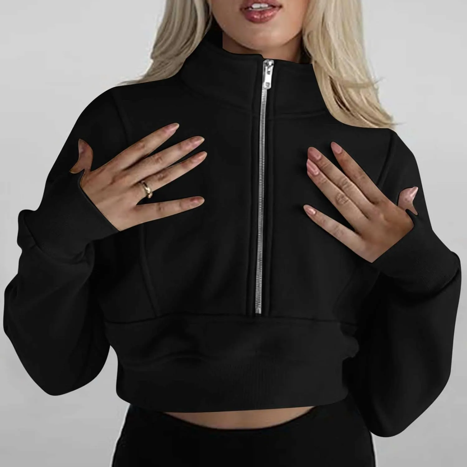 Women's Half Zipper Cropped Sweatshirts Hoodie Pullover, 2024 Outfits Loose Basic Comfy Basic Tops with Thumb Hole