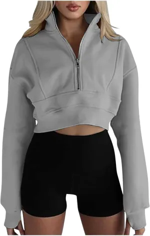 Women's Half Zipper Cropped Sweatshirts Hoodie Pullover, 2024 Outfits Loose Basic Comfy Basic Tops with Thumb Hole
