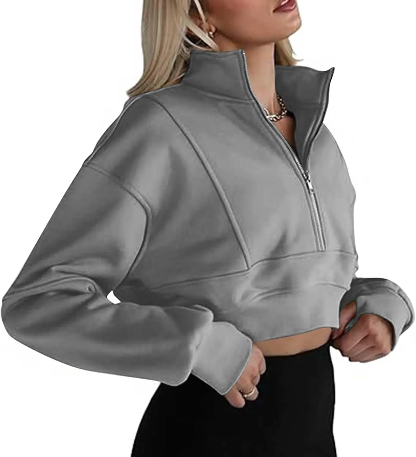 Women's Half Zipper Cropped Sweatshirts Hoodie Pullover, 2024 Outfits Loose Basic Comfy Basic Tops with Thumb Hole
