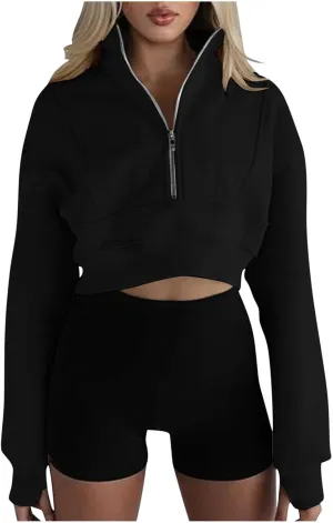 Women's Half Zipper Cropped Sweatshirts Hoodie Pullover, 2024 Outfits Loose Basic Comfy Basic Tops with Thumb Hole