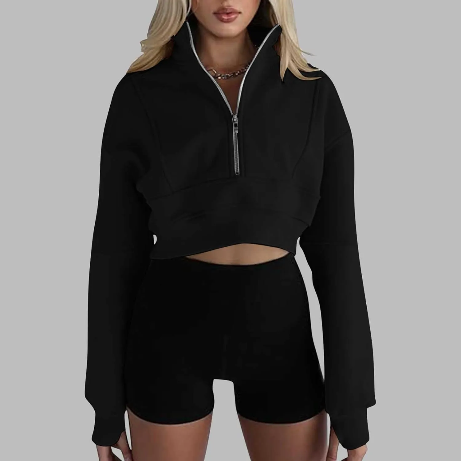 Women's Half Zipper Cropped Sweatshirts Hoodie Pullover, 2024 Outfits Loose Basic Comfy Basic Tops with Thumb Hole