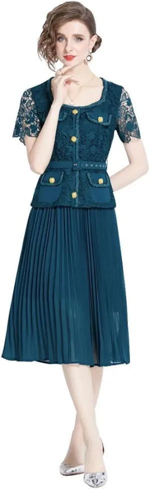 Women's Holiday Lace Chiffon Prom Evening Dress Women Short Sleeve Midi Long Vestidos Party Robe