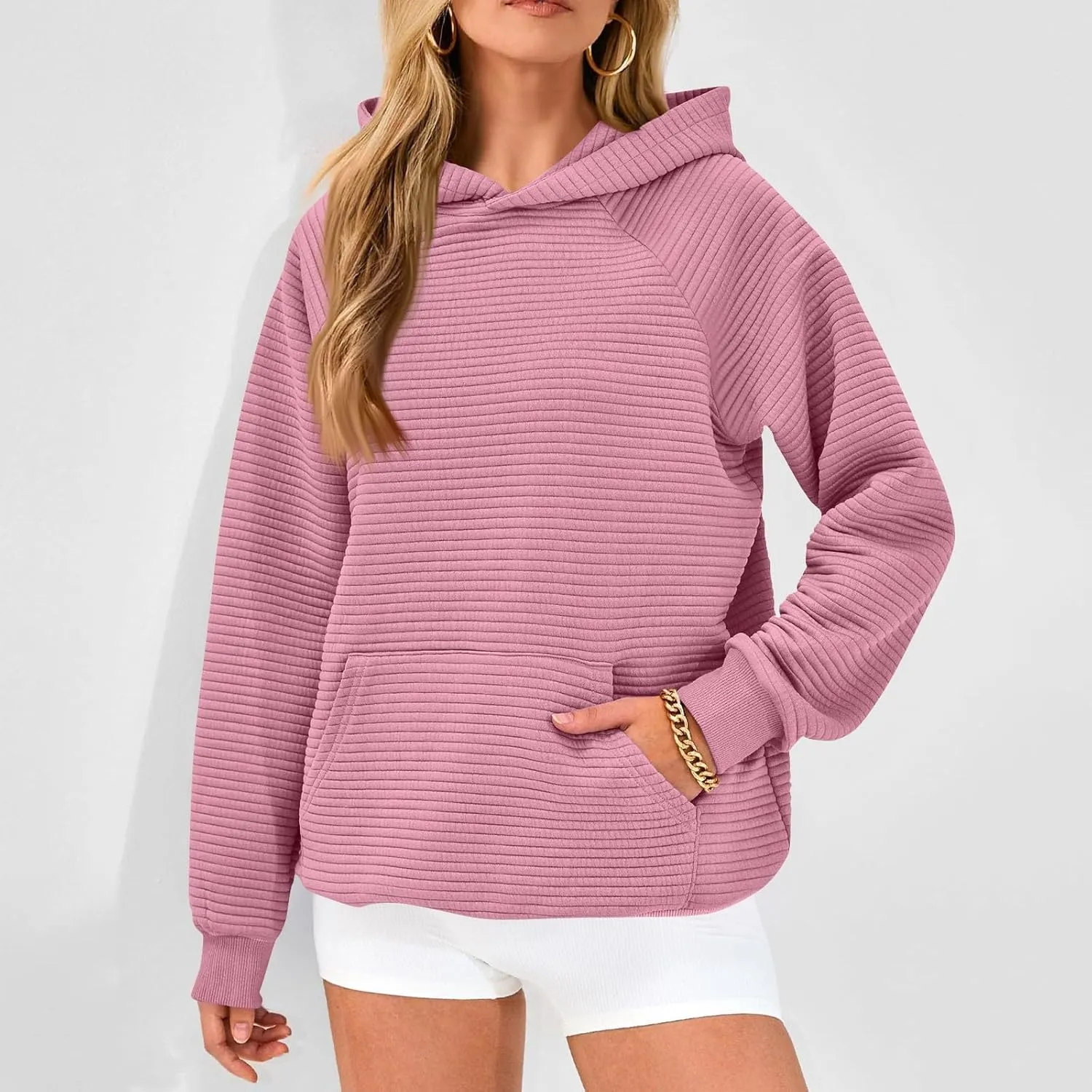 Womens Hoodies Loose Fleece Long Sleeve Hooded Sweatshirts Casual Comfy Crew Neck Pullover Top with Pockets