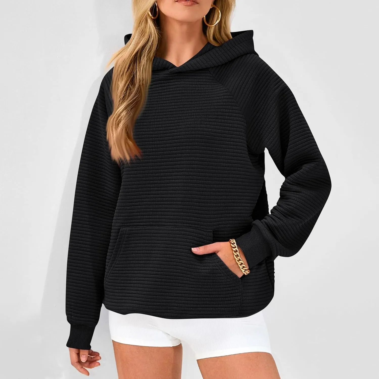 Womens Hoodies Loose Fleece Long Sleeve Hooded Sweatshirts Casual Comfy Crew Neck Pullover Top with Pockets