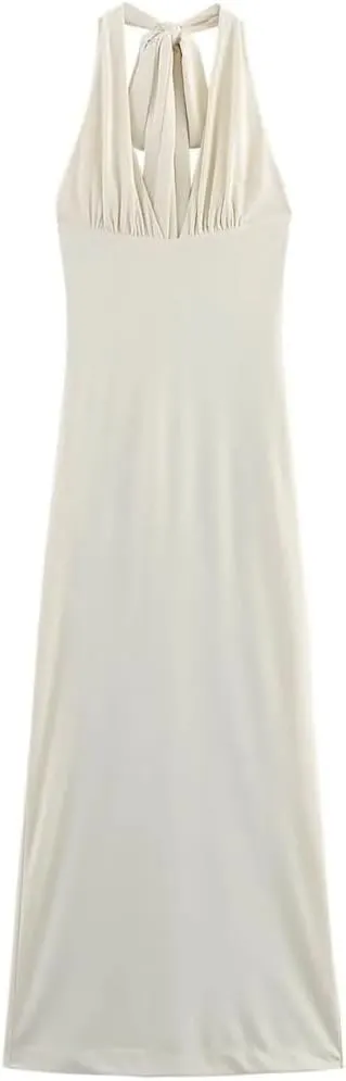 WomenS Knitted Pleated V-Neck Dress Sleeveless Backless Lace-Up Slit Hem Midi Skirt