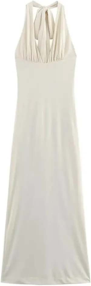 WomenS Knitted Pleated V-Neck Dress Sleeveless Backless Lace-Up Slit Hem Midi Skirt