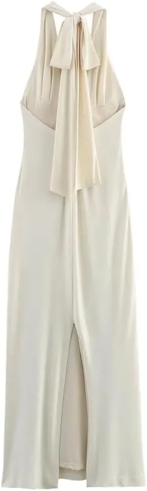 WomenS Knitted Pleated V-Neck Dress Sleeveless Backless Lace-Up Slit Hem Midi Skirt