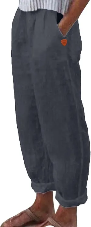 Women's Linen Blend Pants Drawstring Relaxed Breathable Wide Leg Pant Elastic Waisted Summer Straight Leg Trousers