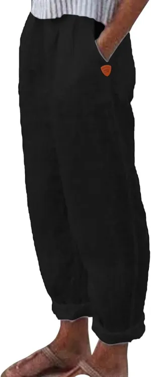 Women's Linen Blend Pants Drawstring Relaxed Breathable Wide Leg Pant Elastic Waisted Summer Straight Leg Trousers