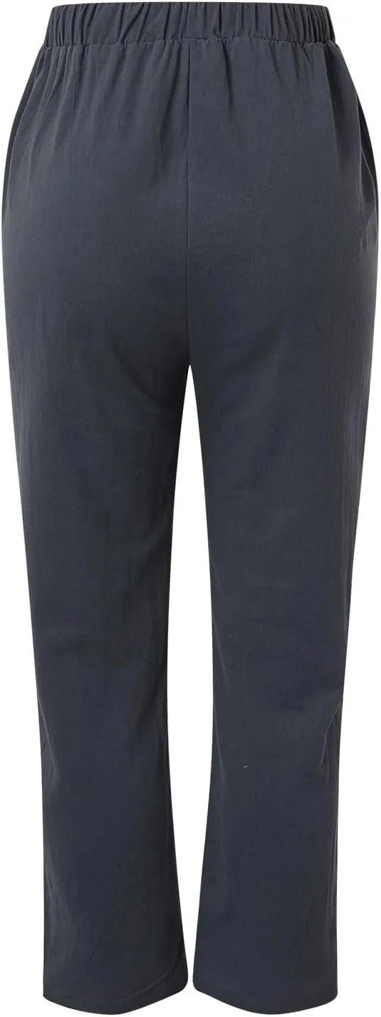Women's Linen Blend Pants Drawstring Relaxed Breathable Wide Leg Pant Elastic Waisted Summer Straight Leg Trousers