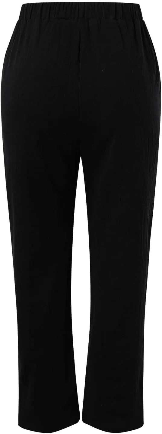 Women's Linen Blend Pants Drawstring Relaxed Breathable Wide Leg Pant Elastic Waisted Summer Straight Leg Trousers