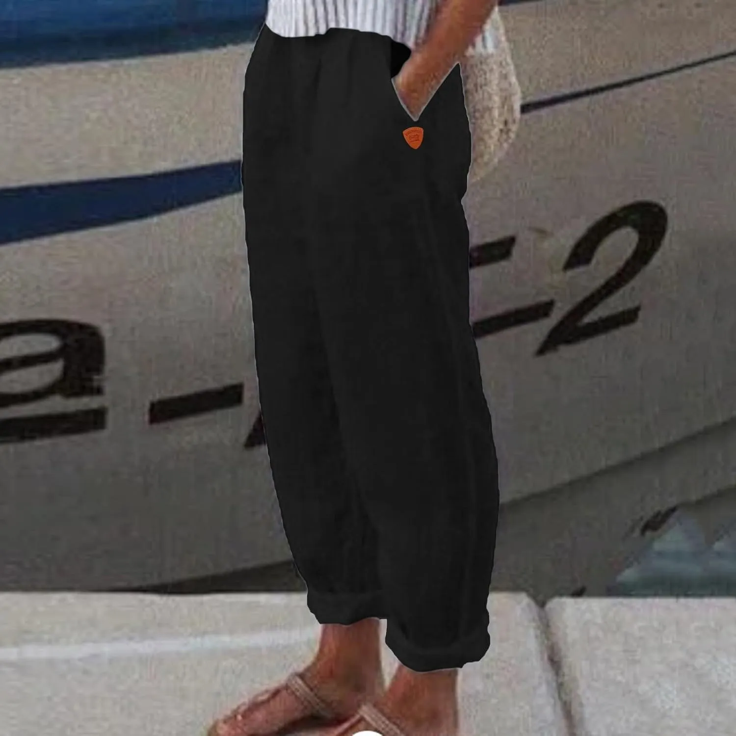 Women's Linen Blend Pants Drawstring Relaxed Breathable Wide Leg Pant Elastic Waisted Summer Straight Leg Trousers