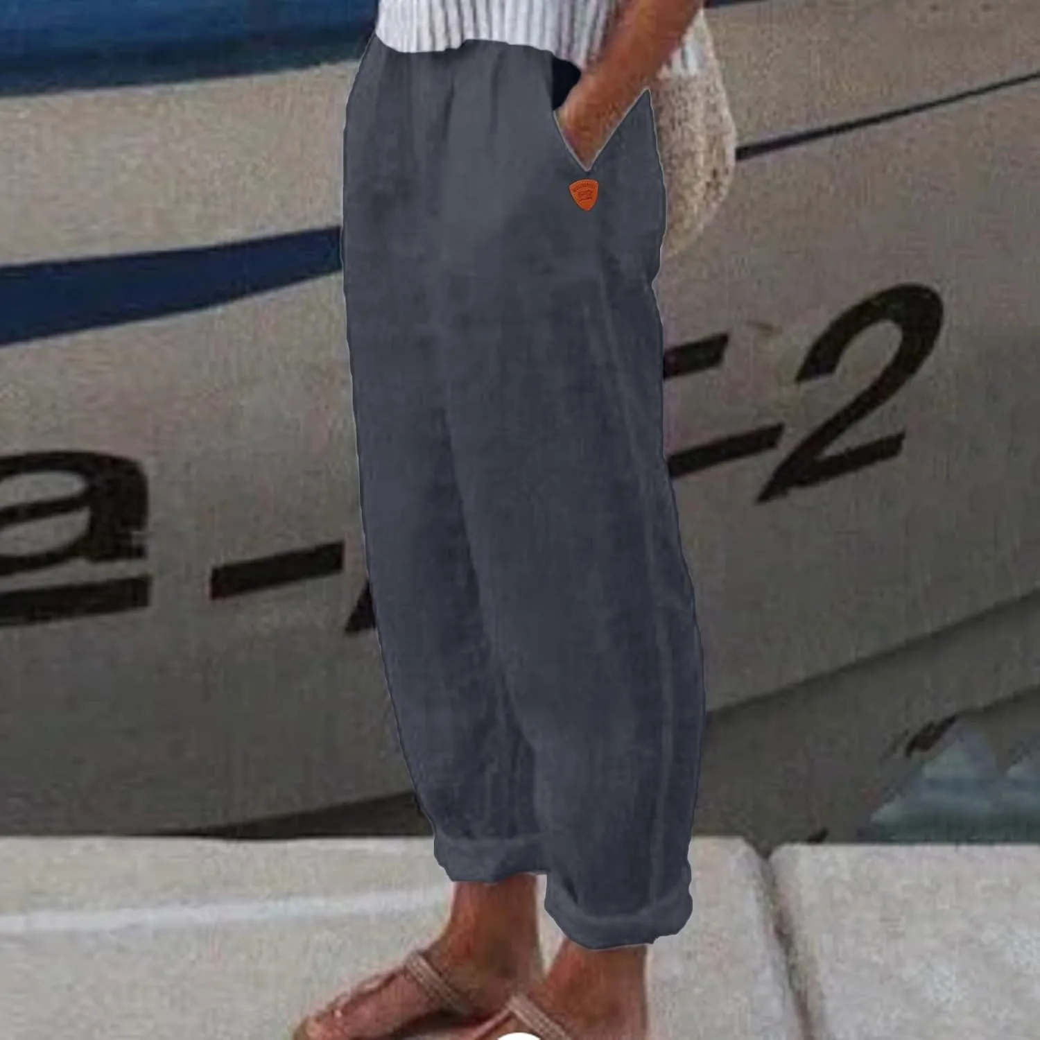 Women's Linen Blend Pants Drawstring Relaxed Breathable Wide Leg Pant Elastic Waisted Summer Straight Leg Trousers