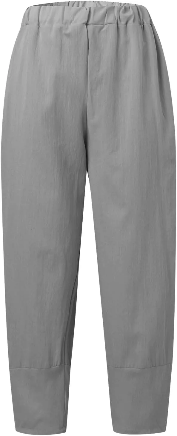 Womens Linen Blend Summer Baggy Pants Elastic Waist Stretchy Straight Plus Size Pant Trousers Beach