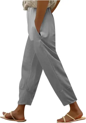Womens Linen Blend Summer Baggy Pants Elastic Waist Stretchy Straight Plus Size Pant Trousers Beach