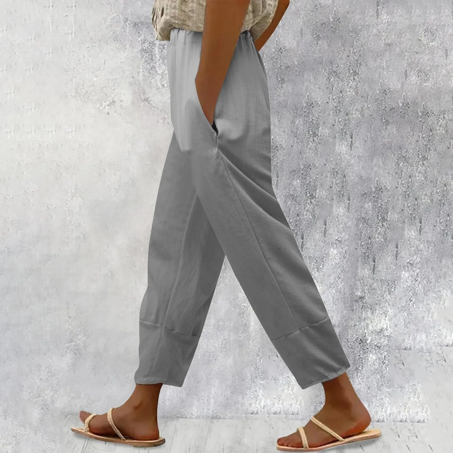 Womens Linen Blend Summer Baggy Pants Elastic Waist Stretchy Straight Plus Size Pant Trousers Beach