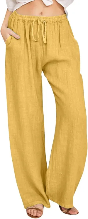 Women's Linen Blend Summer Casual Flowy Palazzo Lounge Pants Elastic Waisted Stretchy Straight Loose Fit
