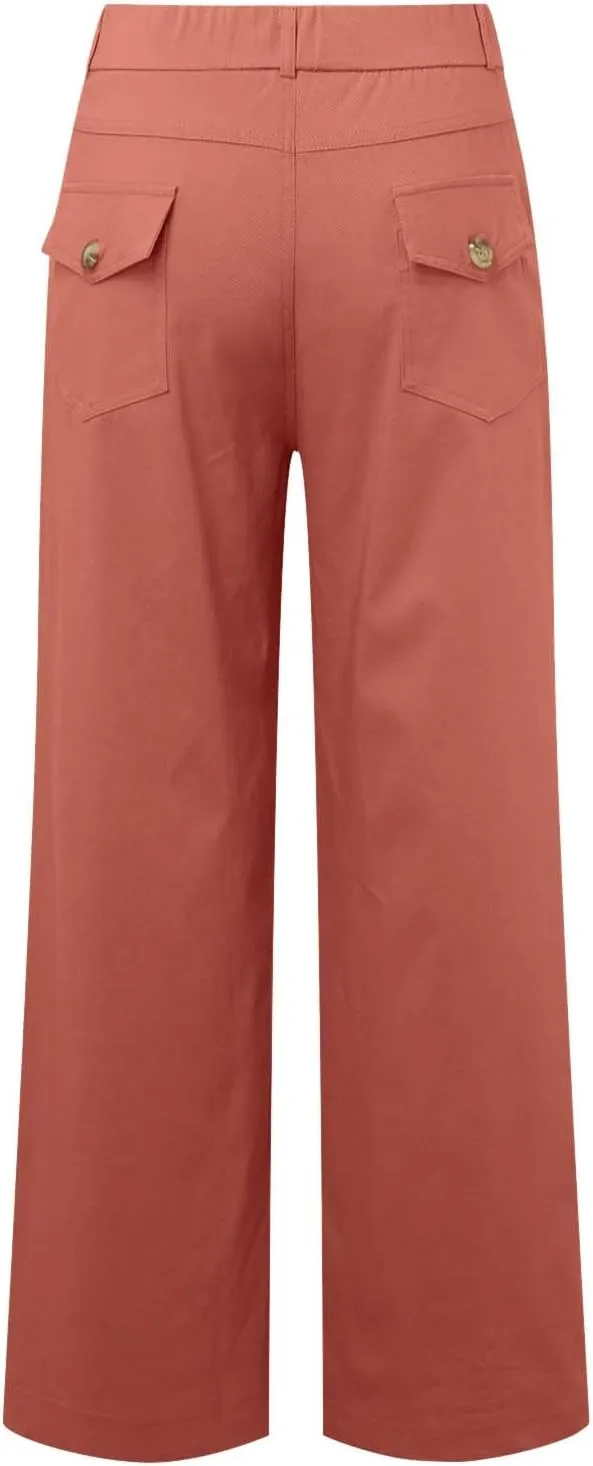 Women's Linen Blend Summer Drawstring Palazzo Pants Elastic Waist Stretchy Slim Fit Pants Trendy