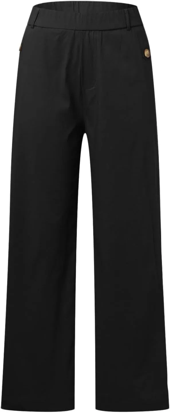 Women's Linen Blend Summer Drawstring Palazzo Pants Elastic Waist Stretchy Slim Fit Pants Trendy