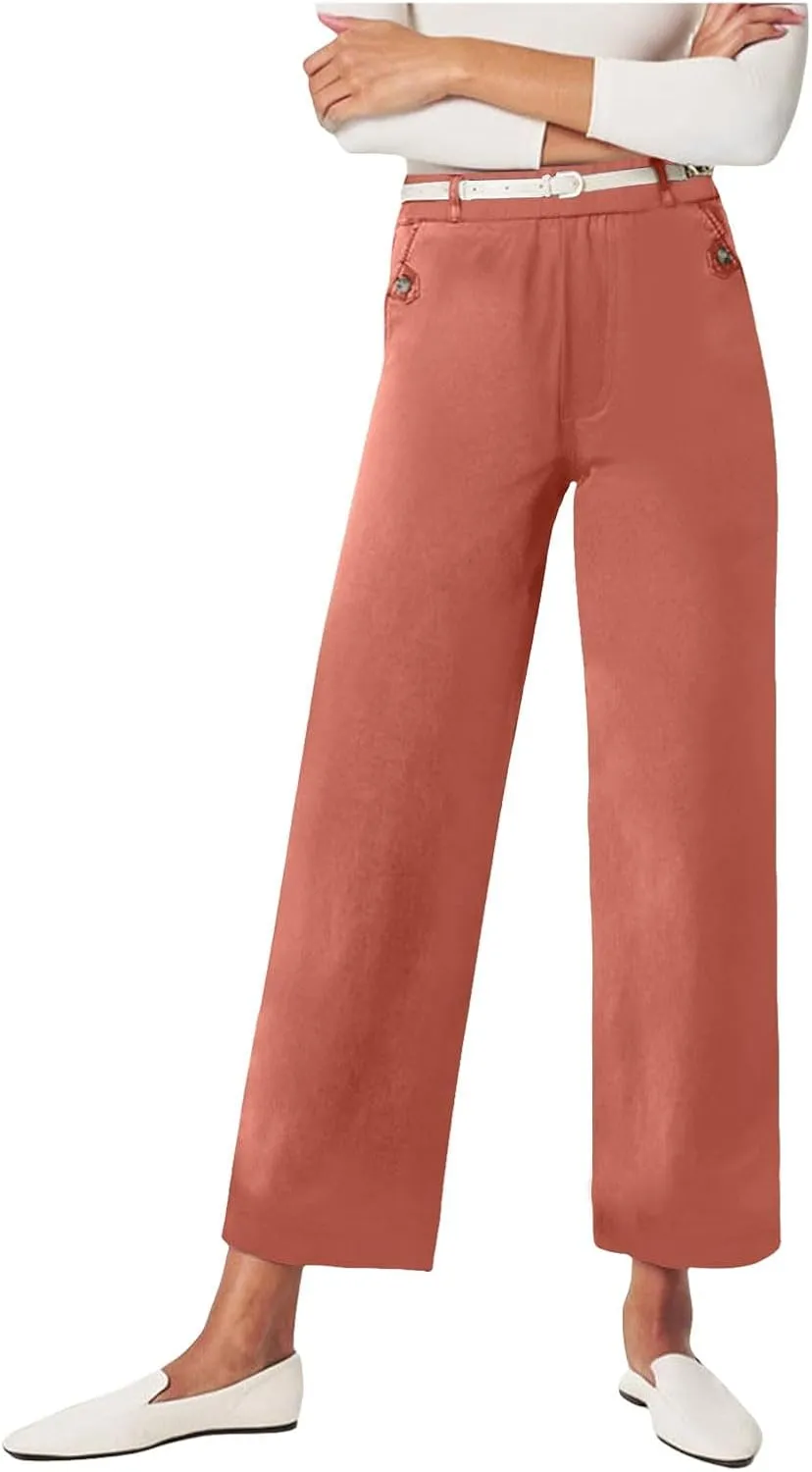 Women's Linen Blend Summer Drawstring Palazzo Pants Elastic Waist Stretchy Slim Fit Pants Trendy