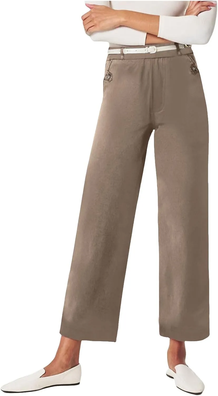 Women's Linen Blend Summer Drawstring Palazzo Pants Elastic Waist Stretchy Slim Fit Pants Trendy