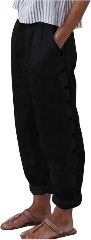 Womens Linen Blend Summer Floral Palazzo Pants Elastic Waisted Stretchy Loose Fit Pant Trousers Vacation
