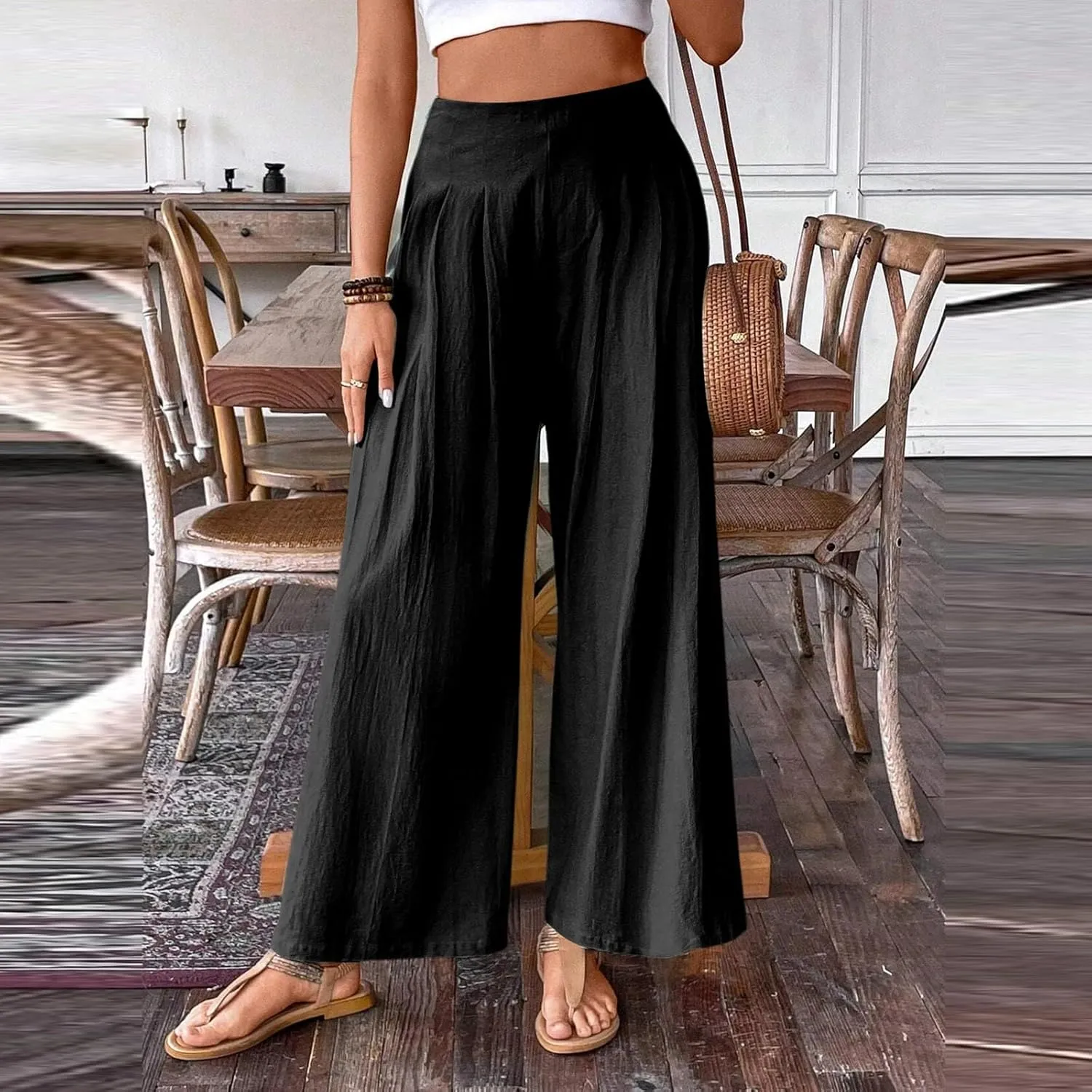 Womens Linen Blend Summer Floral Palazzo Pants Elastic Waisted Stretchy Loose Fit Pant Trousers Vacation