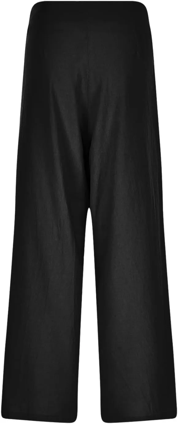Womens Linen Blend Summer Floral Palazzo Pants Elastic Waisted Stretchy Loose Fit Pant Trousers Vacation