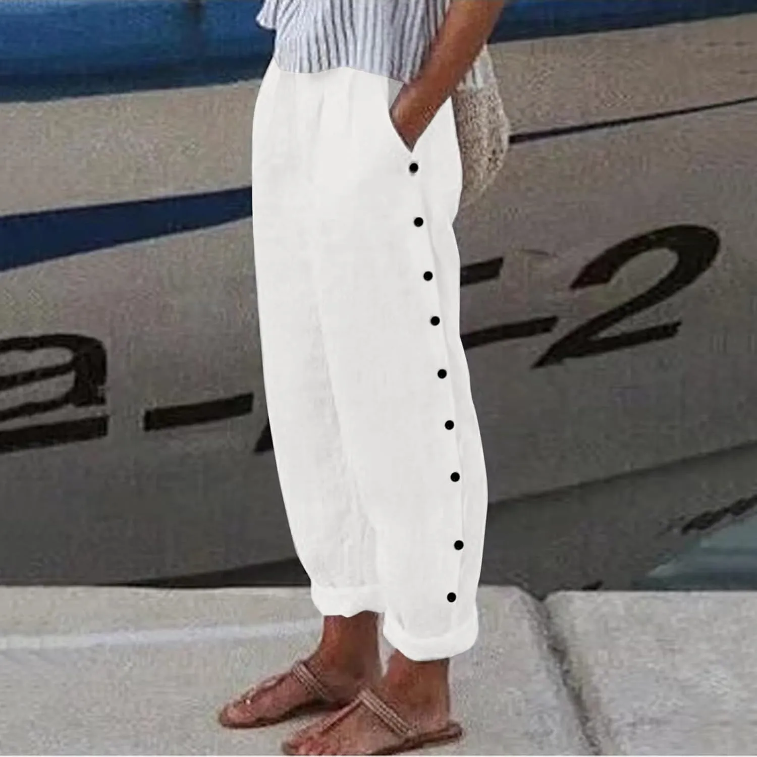 Womens Linen Blend Summer Floral Palazzo Pants Elastic Waisted Stretchy Loose Fit Pant Trousers Vacation