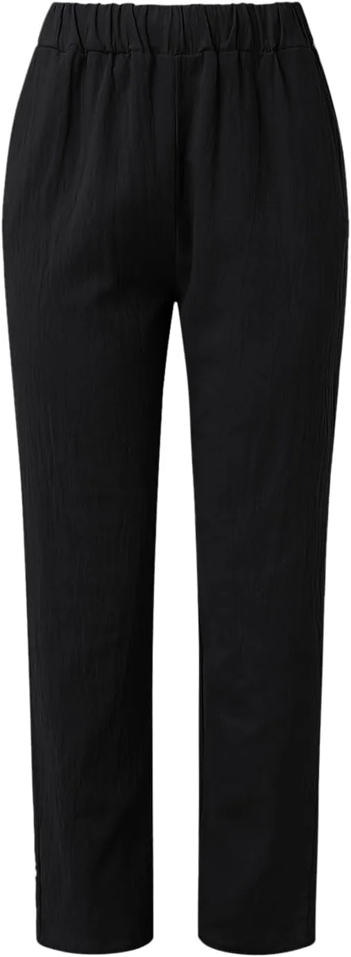 Womens Linen Blend Summer Floral Palazzo Pants Elastic Waisted Stretchy Loose Fit Pant Trousers Vacation