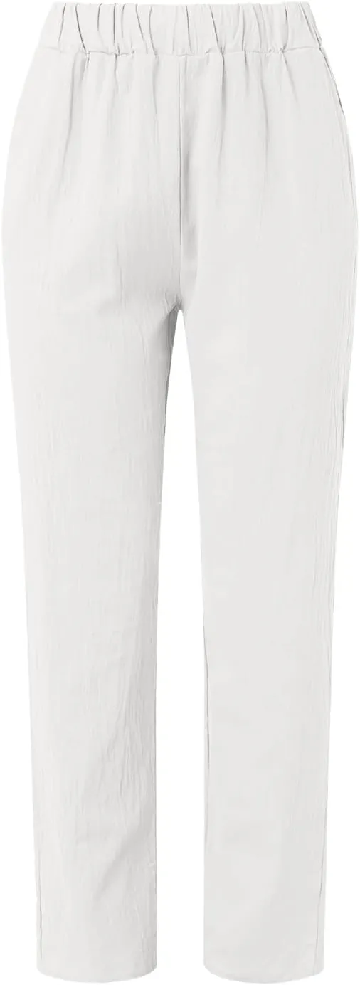 Womens Linen Blend Summer Floral Palazzo Pants Elastic Waisted Stretchy Loose Fit Pant Trousers Vacation