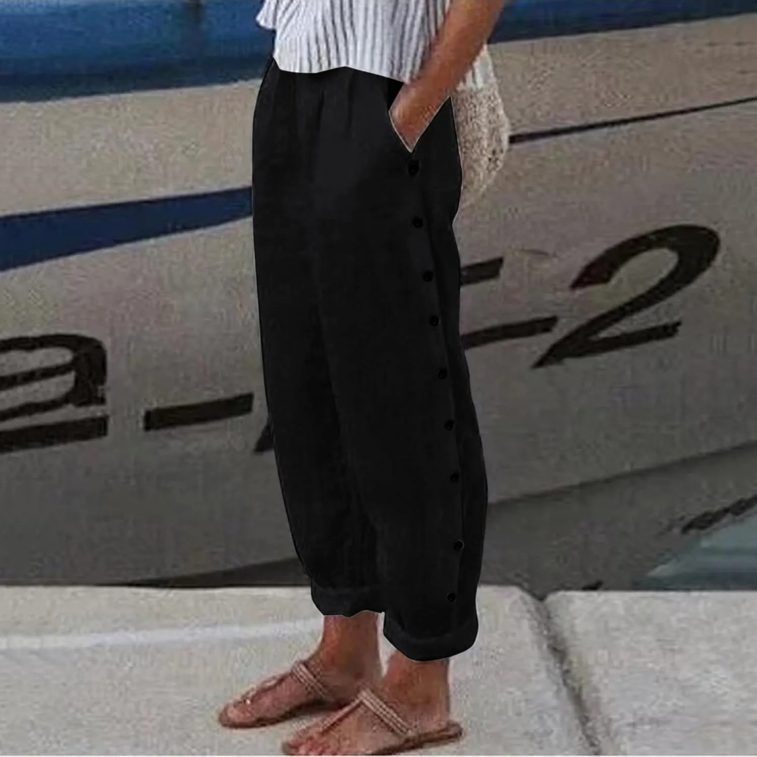 Womens Linen Blend Summer Floral Palazzo Pants Elastic Waisted Stretchy Loose Fit Pant Trousers Vacation