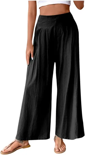 Womens Linen Blend Summer Floral Palazzo Pants Elastic Waisted Stretchy Loose Fit Pant Trousers Vacation