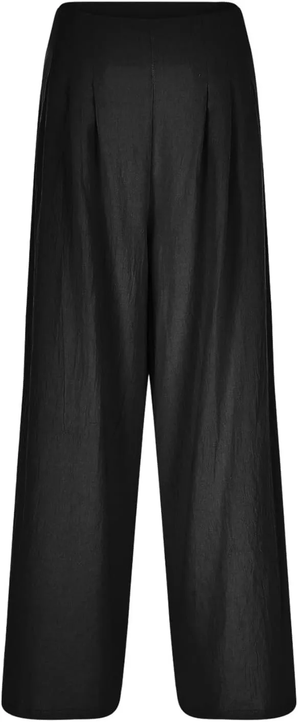 Womens Linen Blend Summer Floral Palazzo Pants Elastic Waisted Stretchy Loose Fit Pant Trousers Vacation