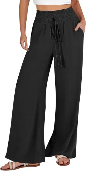 Womens Linen Blend Summer Floral Palazzo Pants Elastic Waisted Stretchy Loose Fit Pant Trousers Vacation