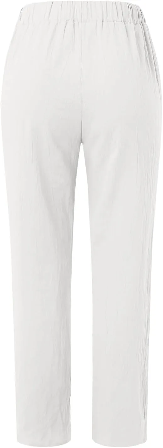 Womens Linen Blend Summer Floral Palazzo Pants Elastic Waisted Stretchy Loose Fit Pant Trousers Vacation