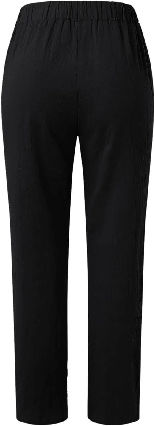 Womens Linen Blend Summer Floral Palazzo Pants Elastic Waisted Stretchy Loose Fit Pant Trousers Vacation