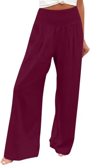 Women's Linen Blend Summer Flowy Palazzo Lounge Pants Elastic Waisted Stretchy Straight Plus Size Palazzo