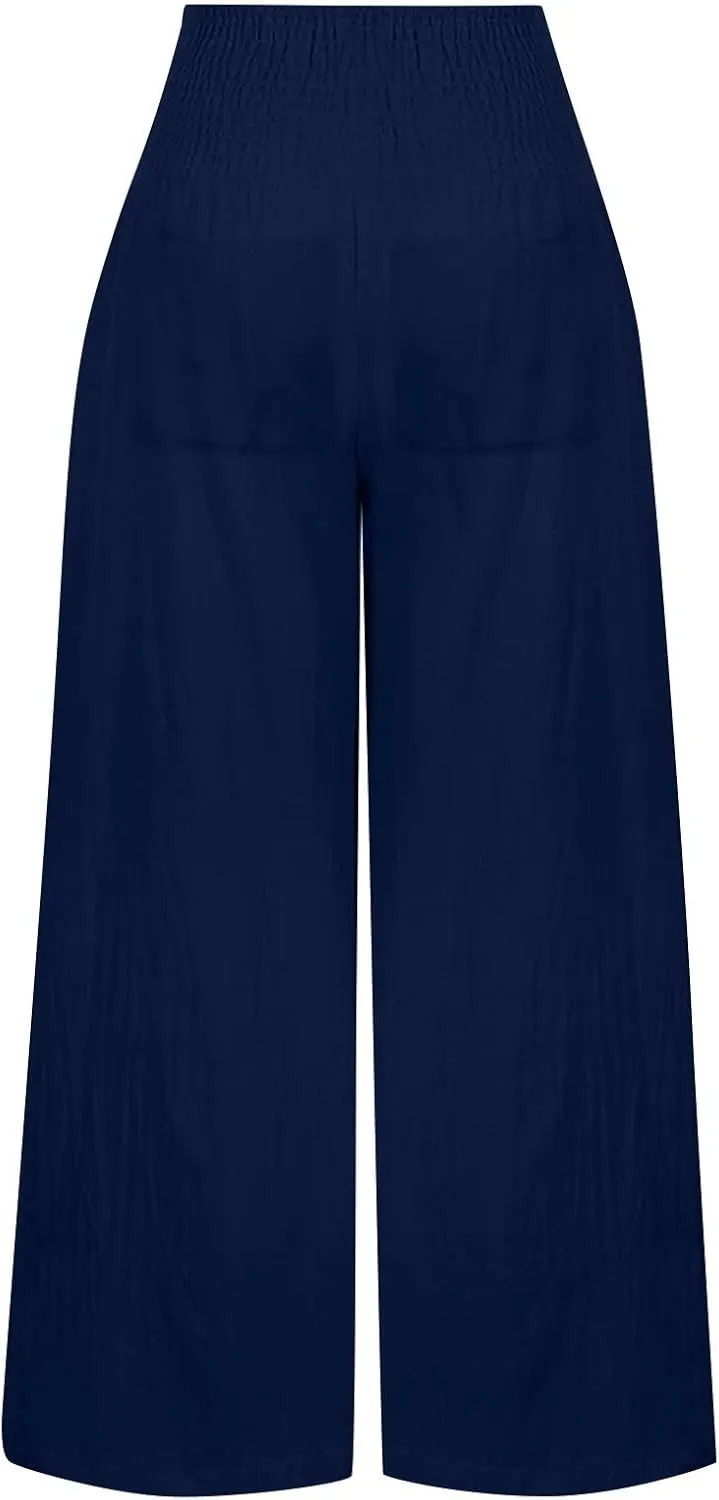 Women's Linen Blend Summer Flowy Palazzo Lounge Pants Elastic Waisted Stretchy Straight Plus Size Palazzo