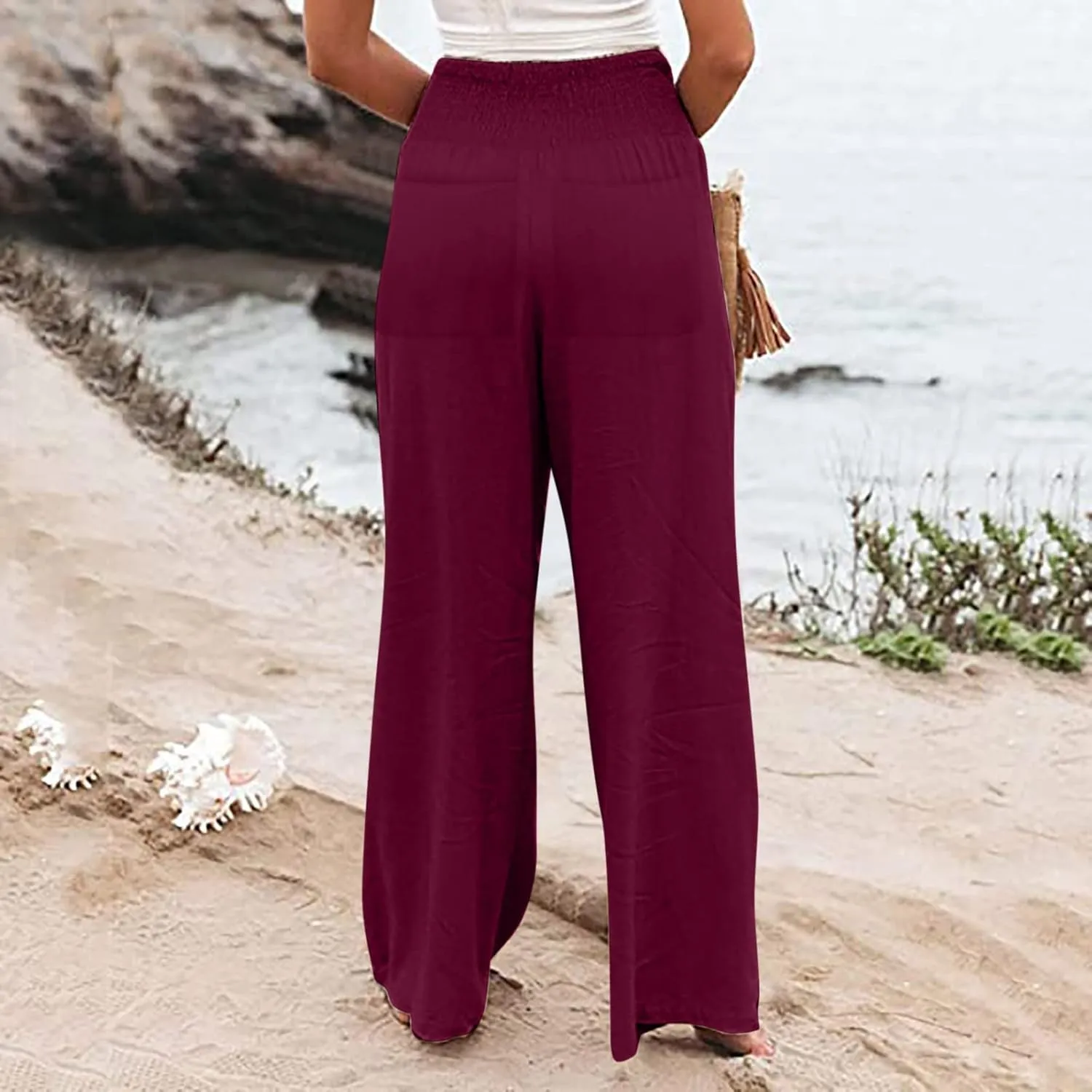 Women's Linen Blend Summer Flowy Palazzo Lounge Pants Elastic Waisted Stretchy Straight Plus Size Palazzo