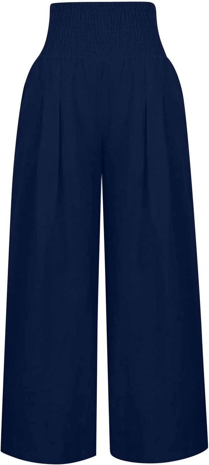 Women's Linen Blend Summer Flowy Palazzo Lounge Pants Elastic Waisted Stretchy Straight Plus Size Palazzo