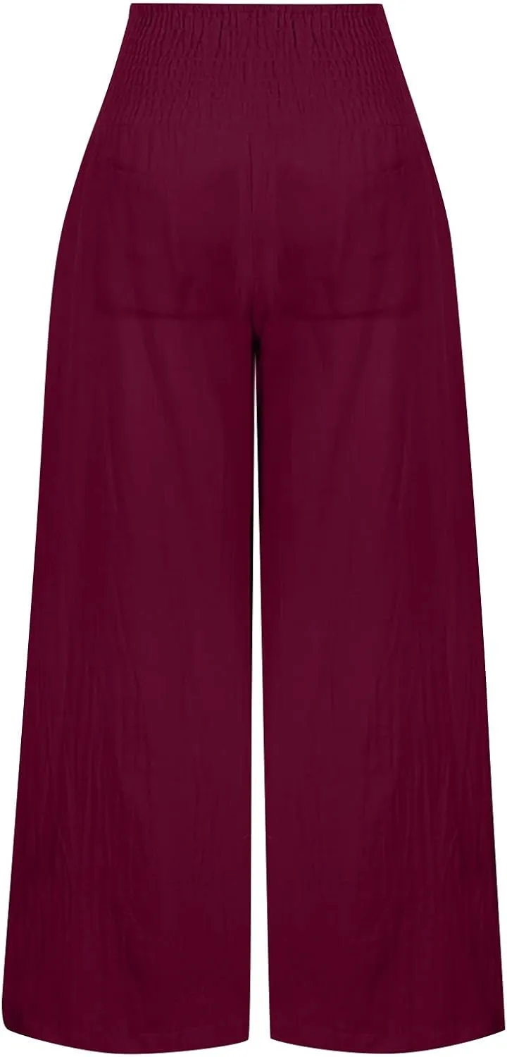 Women's Linen Blend Summer Flowy Palazzo Lounge Pants Elastic Waisted Stretchy Straight Plus Size Palazzo