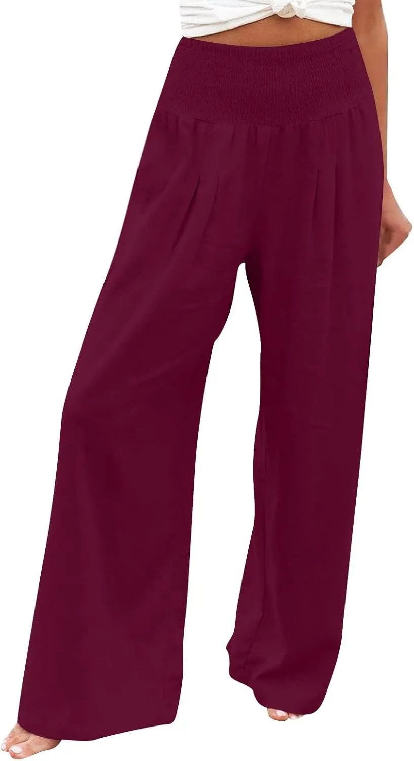 Women's Linen Blend Summer Flowy Palazzo Lounge Pants Elastic Waisted Stretchy Straight Plus Size Palazzo