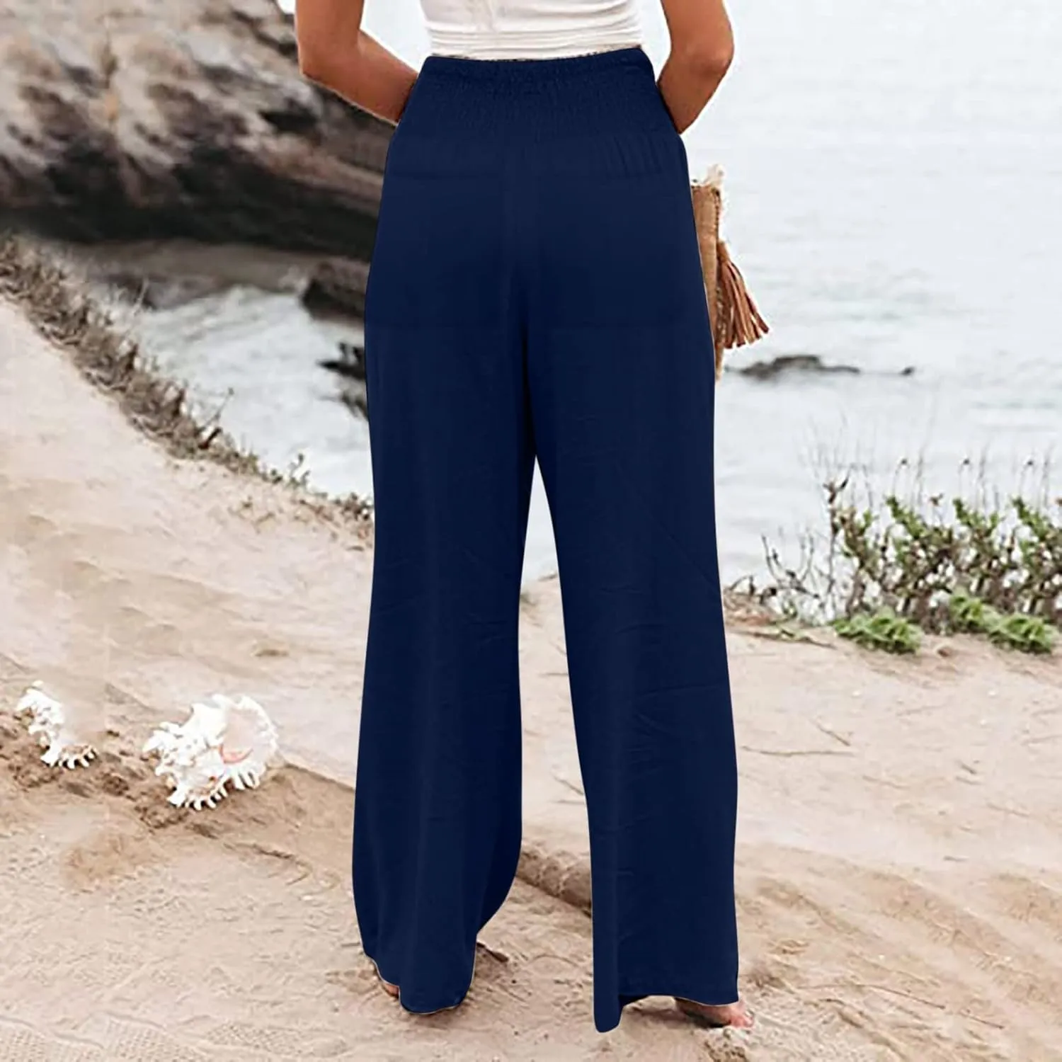 Women's Linen Blend Summer Flowy Palazzo Lounge Pants Elastic Waisted Stretchy Straight Plus Size Palazzo