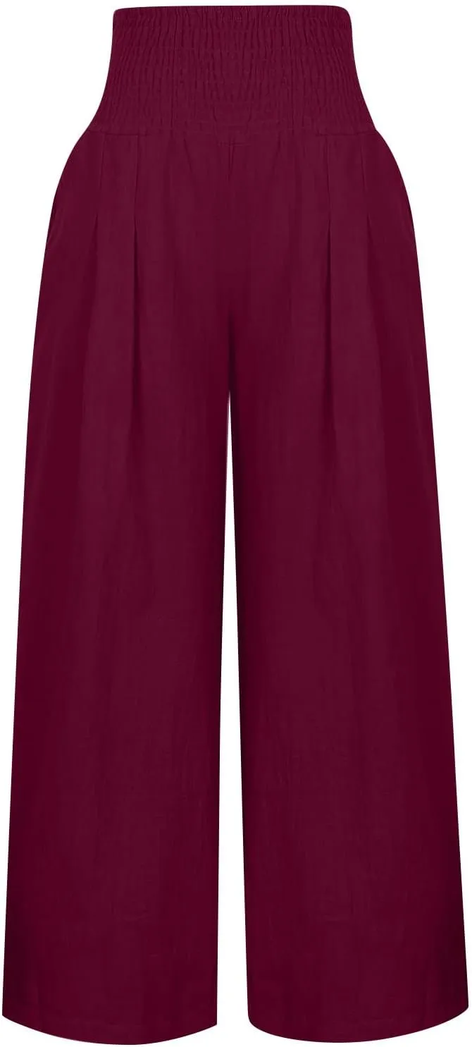 Women's Linen Blend Summer Flowy Palazzo Lounge Pants Elastic Waisted Stretchy Straight Plus Size Palazzo