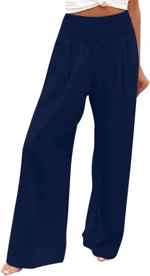 Women's Linen Blend Summer Flowy Palazzo Lounge Pants Elastic Waisted Stretchy Straight Plus Size Palazzo