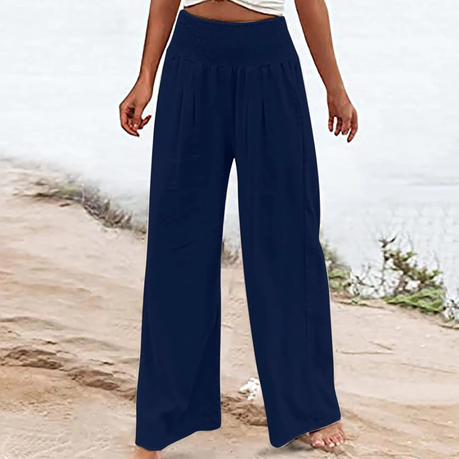 Women's Linen Blend Summer Flowy Palazzo Lounge Pants Elastic Waisted Stretchy Straight Plus Size Palazzo