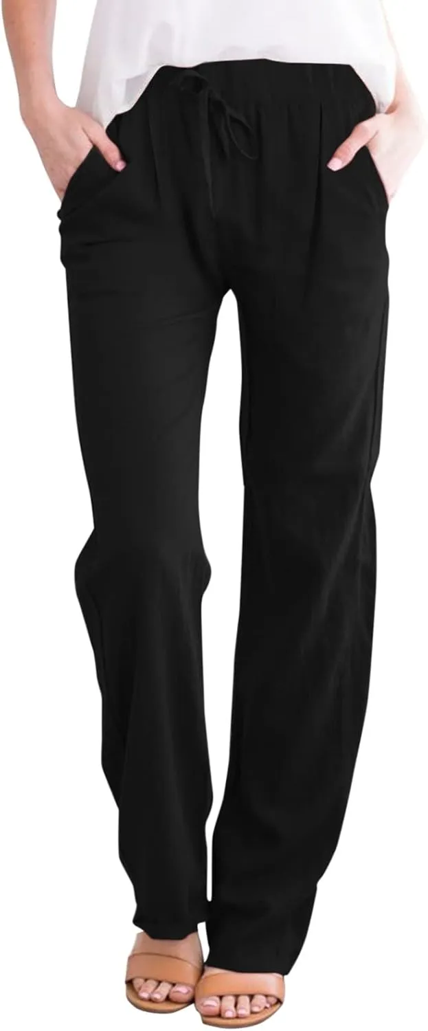 Women's Linen Blend Summer Lightweigt Pants Low Waist Baggy Stretchy Slim Fit Trousers Work Business