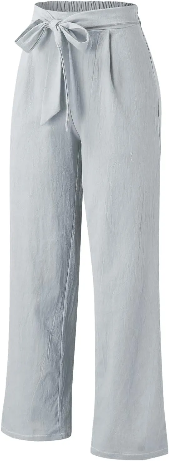 Women's Linen Blend Summer Lightweigt Pants Low Waist Baggy Stretchy Slim Fit Trousers Work Business